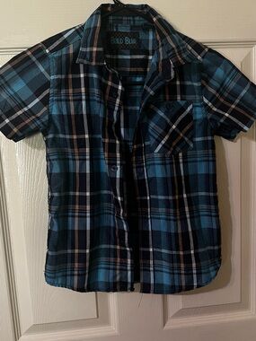 Boys Short Sleeve Plaid Shirt - Blue/Tan